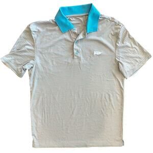 AFTCO Men’s Small Tech Polo‎ Shirt Blue Orange Stripe Performance Fishing